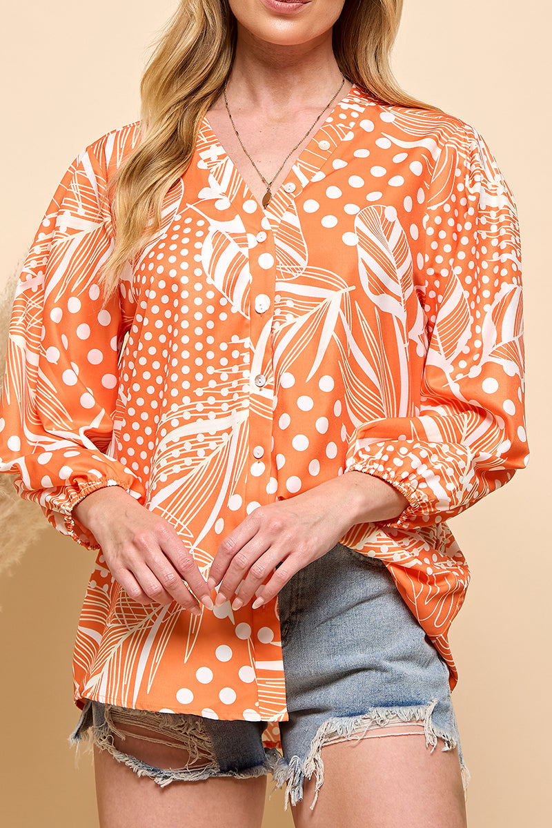 Casual orange color print button closure top