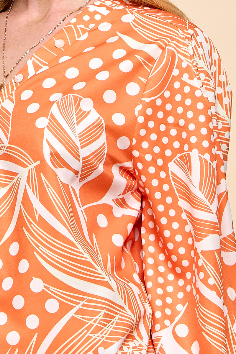 Casual orange color print button closure top