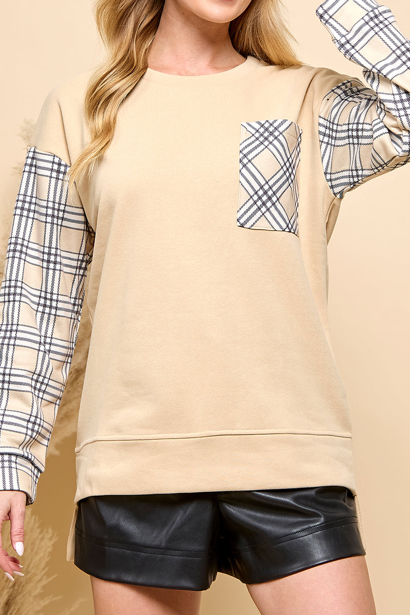 Plaid Print Color block  Pocket Long Sleeve