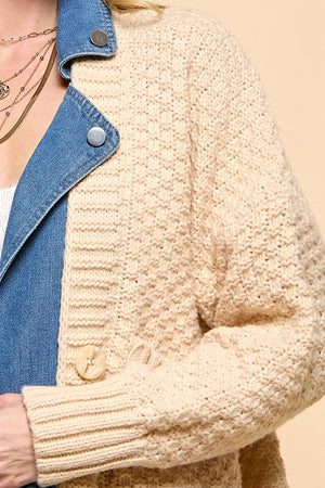 Denim Contrast Waffle Knit Cardigan