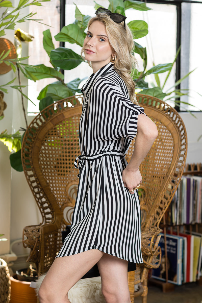 Striped Drawstring Lace-Up Dress