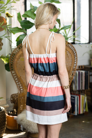 Striped Print Color block Drawstring Casual Dress