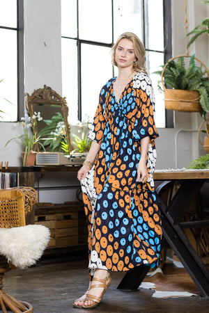 Print V neck Long Sleeve Dress