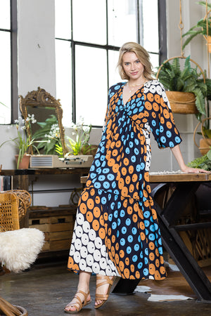 Print V neck Long Sleeve Dress