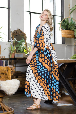 Print V neck Long Sleeve Dress