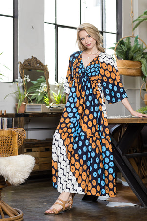 Print V neck Long Sleeve Dress