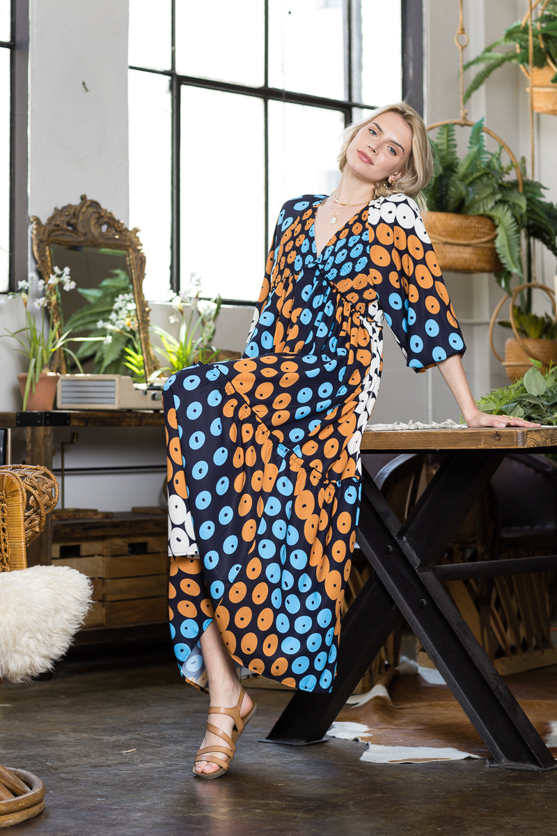 Print V neck Long Sleeve Dress