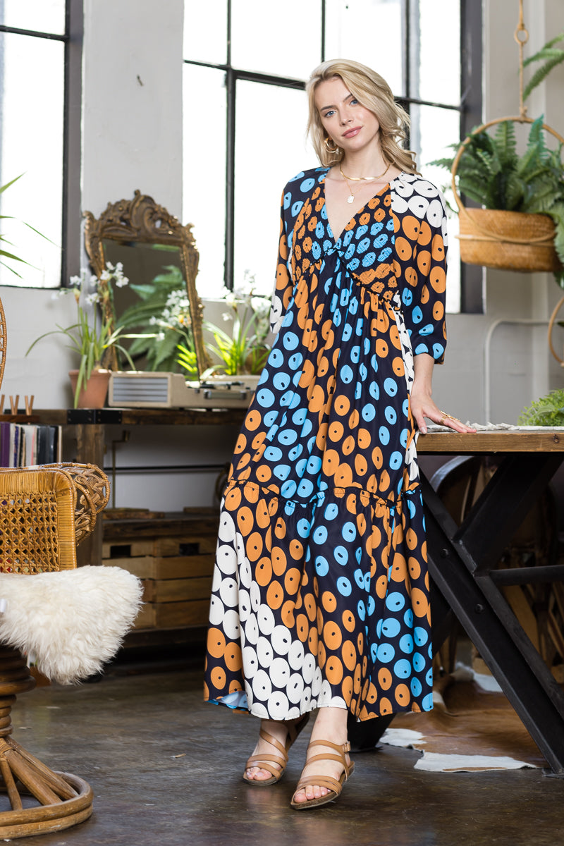 Print V neck Long Sleeve Dress