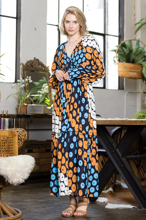 Print V neck Long Sleeve Dress
