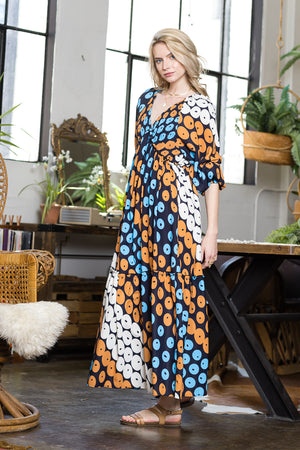 Print V neck Long Sleeve Dress
