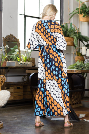 Print V neck Long Sleeve Dress