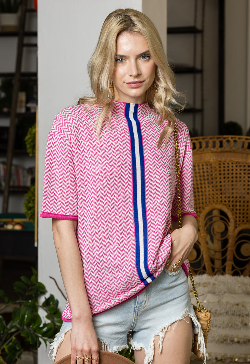 Print Short Sleeve Top with Stripe Contrast