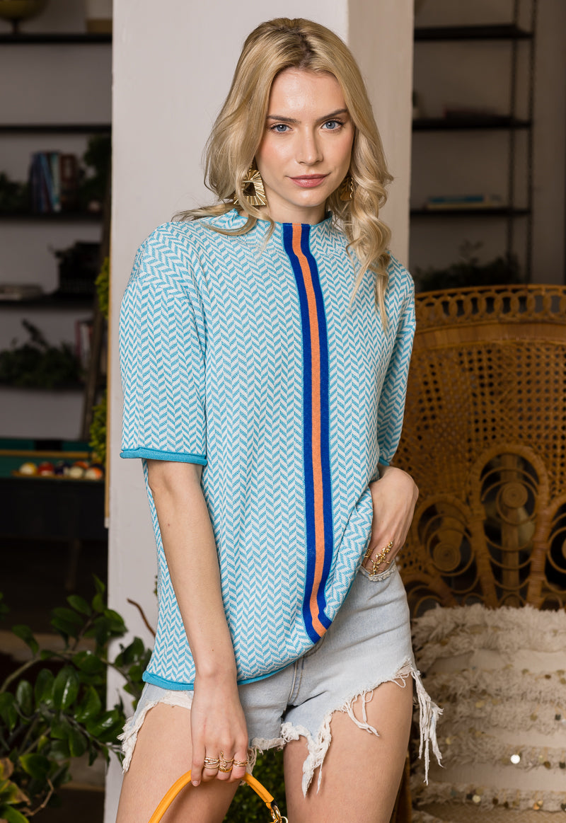 Print Short Sleeve Top with Stripe Contrast..