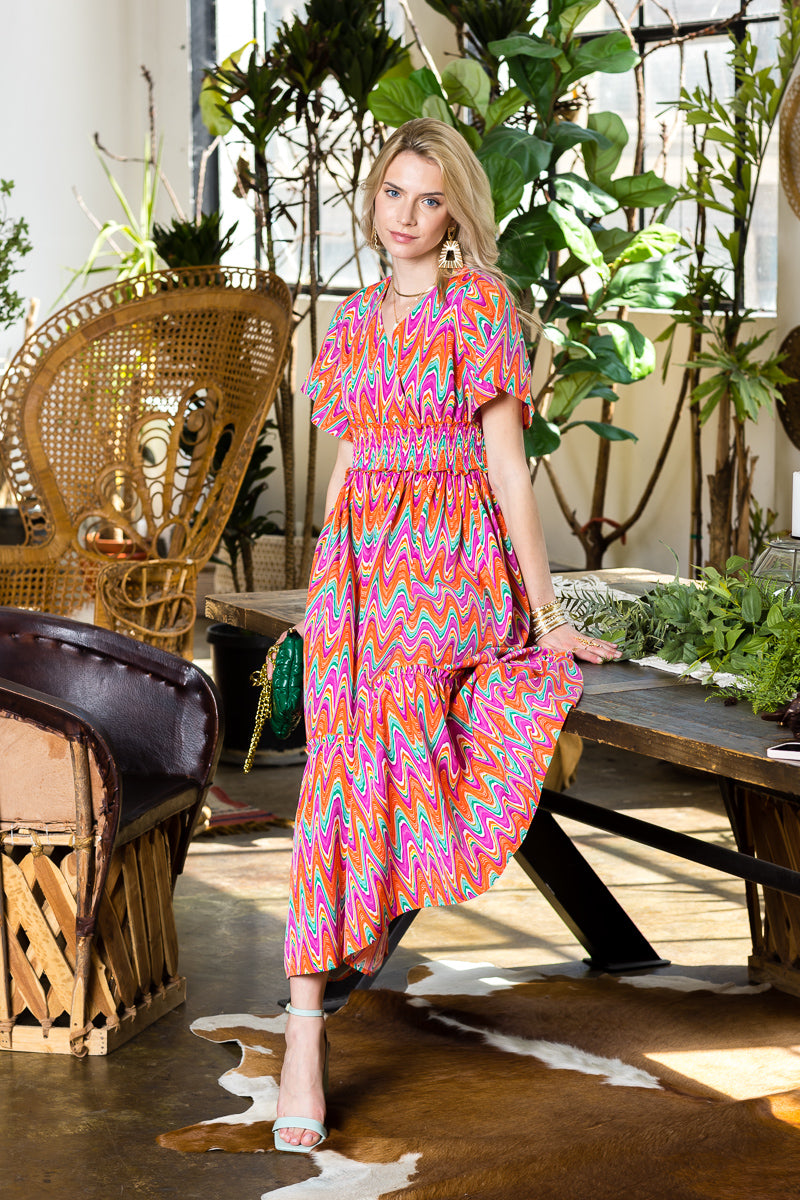 Print Wing Sleeve Dress.