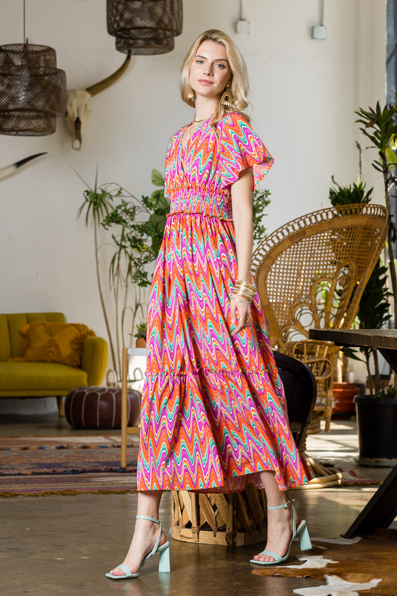 Print Wing Sleeve Dress.