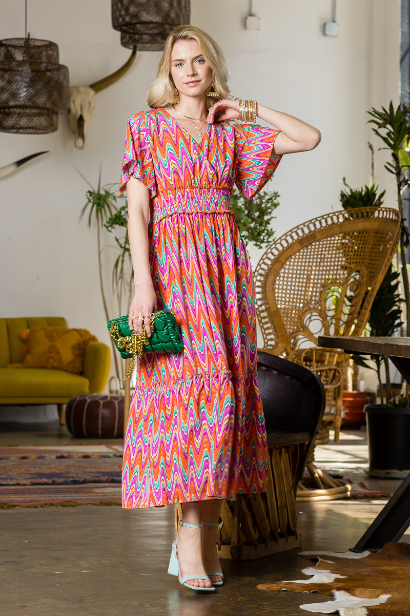 Print Wing Sleeve Dress..