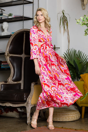 Print Long Sleeve Cutout Maxi Dress...