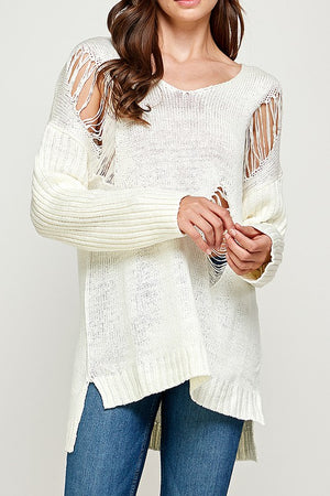 DISTRESSED LOOSE FIT CASUAL SWEATER KNIT TOP