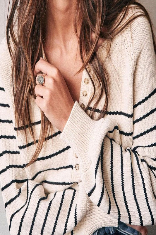stripe casual long sleeve knit sweater v neck