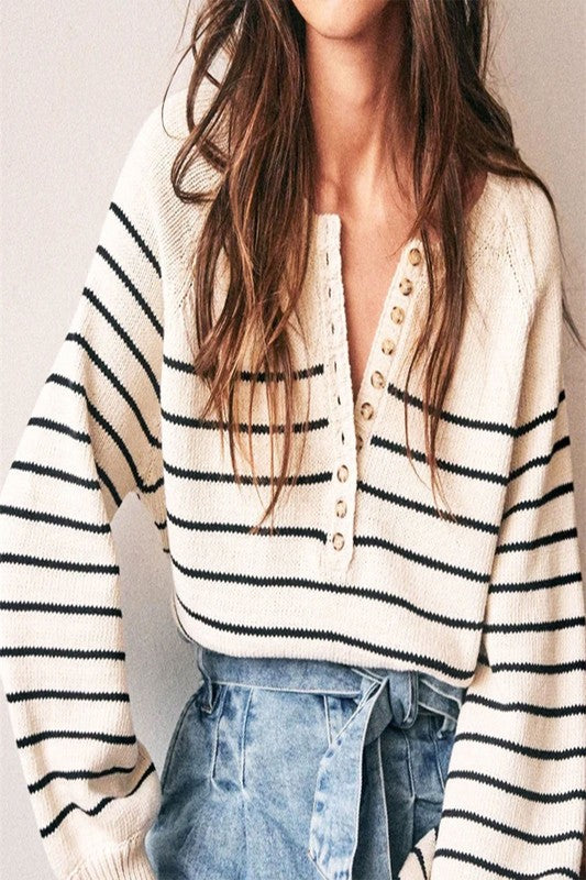 stripe casual long sleeve knit sweater v neck