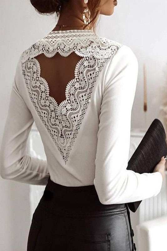 lace back contrast long sleeve casual top
