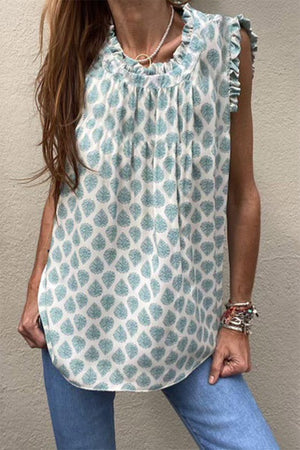 Casual ruffle neck and sleeve leaf print top