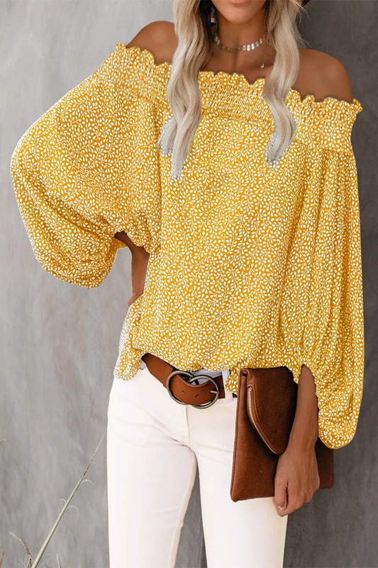 Off shoulder floral print lantern sleeve blouse