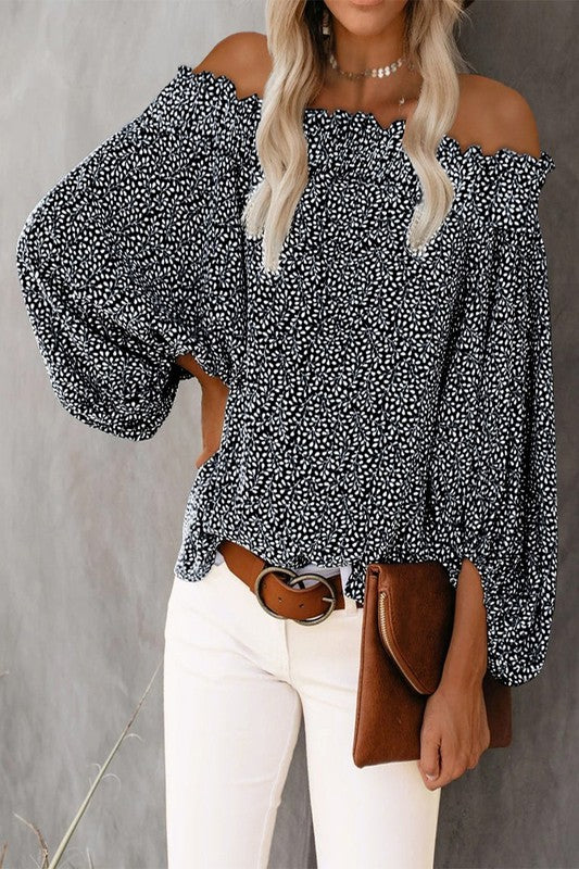 Off shoulder floral print lantern sleeve blouse