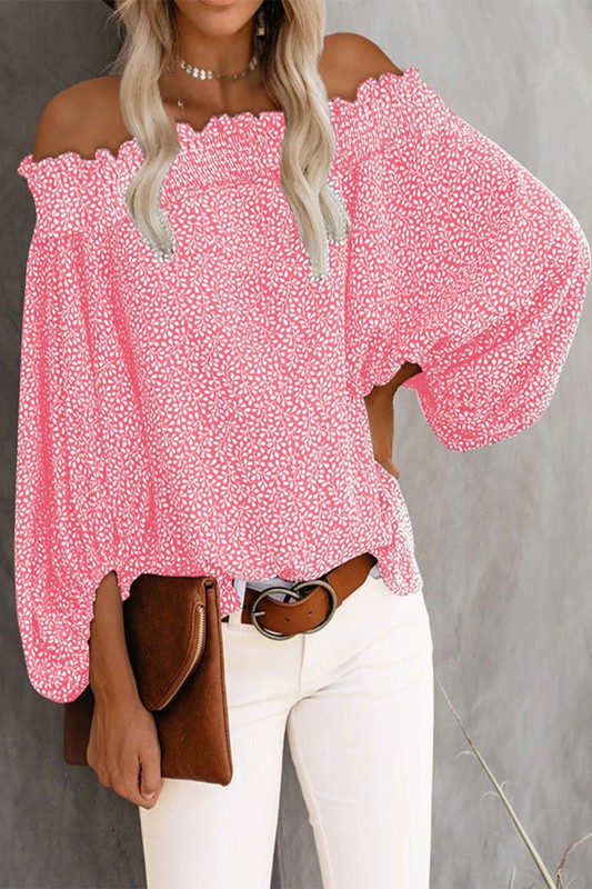 Off shoulder floral print lantern sleeve blouse