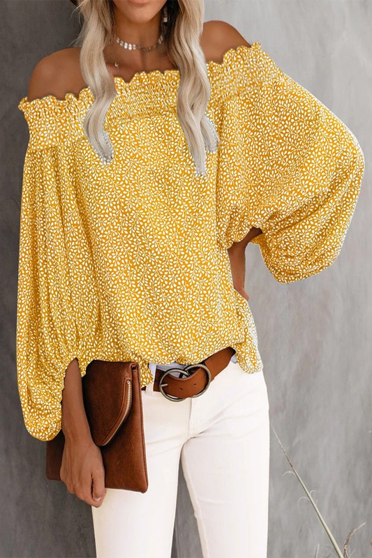 Off shoulder floral print lantern sleeve blouse