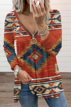 Aztec casual long sleeve zip up top