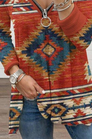 Aztec casual long sleeve zip up top