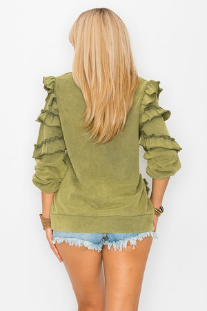 Ruffle sleeve french terry washed sweatshirt