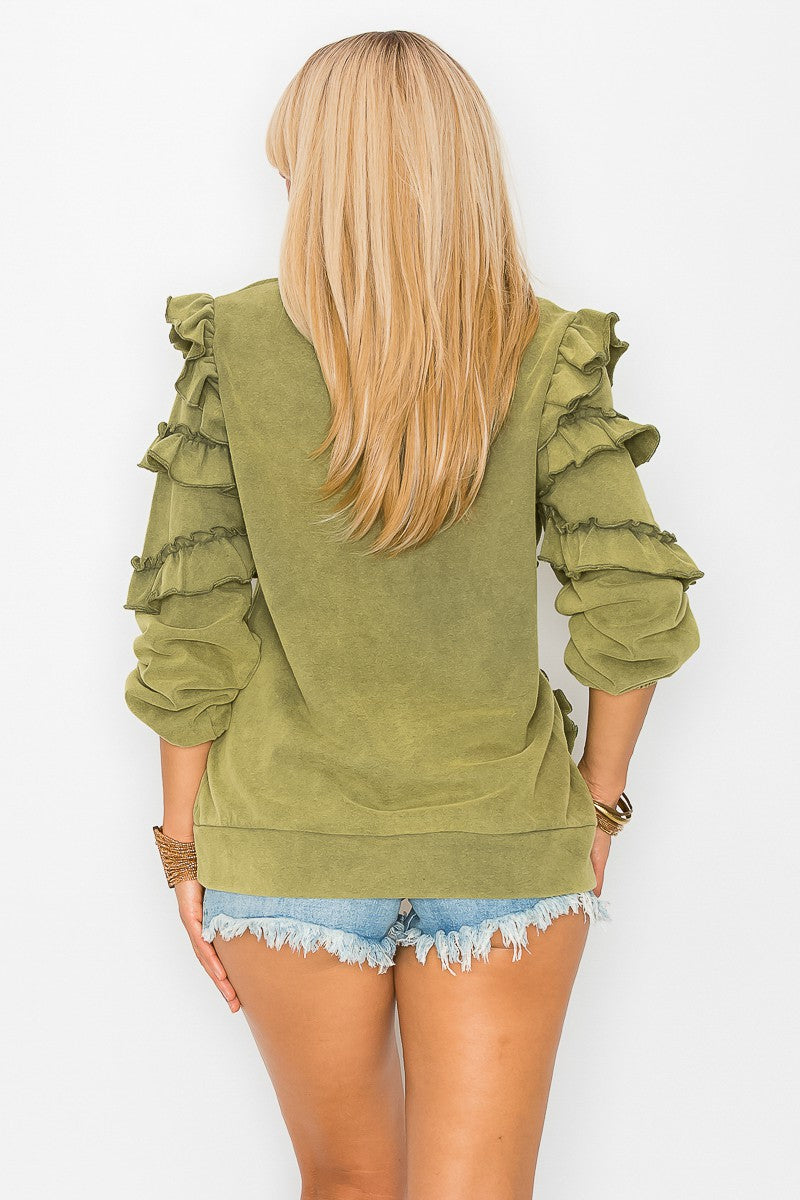 Ruffle sleeve french terry washed sweatshirt