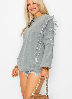 Ruffle sleeve french terry washed sweatshirt