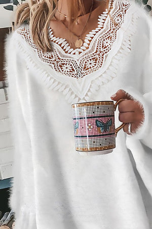 Lace V-Neck Fuzzy Casual Sweater