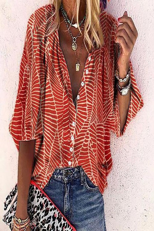 Casual red color print button closure top