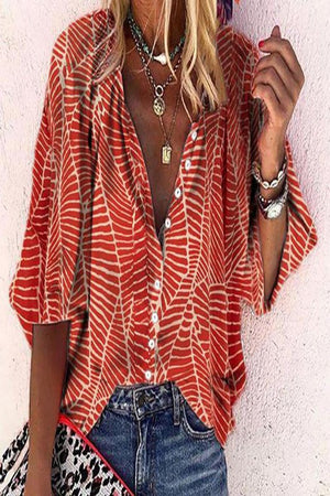 Casual red color print button closure top