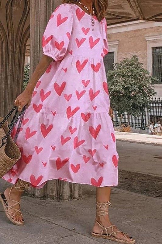 Heart Print Puff Sleeve Midi Dress – CEZELE