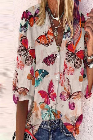 Butterfly print button closure top