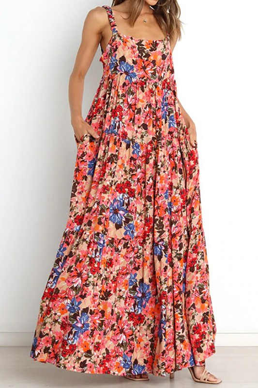 CD6249 Floral Print Pocket Maxi Dress