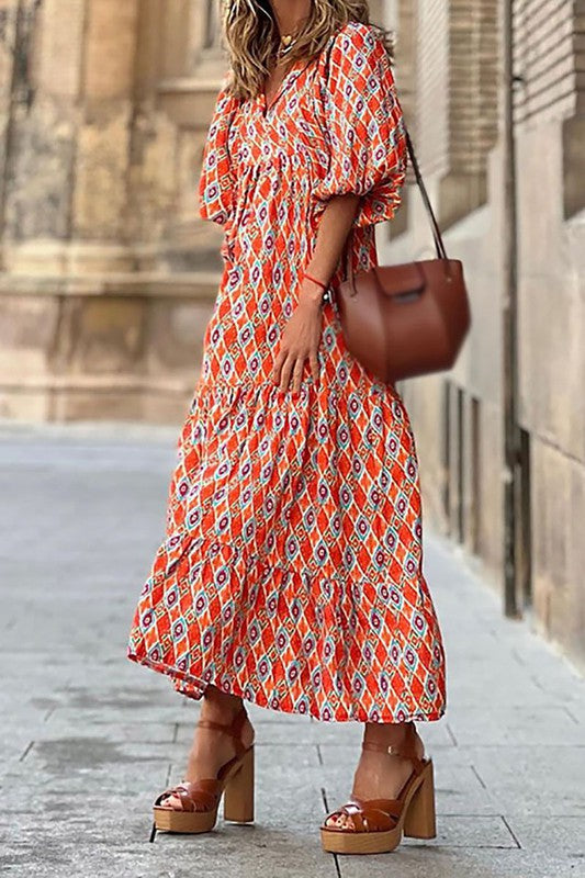 3/4 Lantern Sleeve Print Boho Maxi Dress PURPLE 3/4 Lantern Sleeve Print Boho Maxi Dress PURPLE