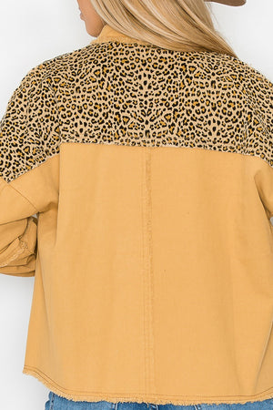Leopard Contrast  Denim Jacket with Raw edge