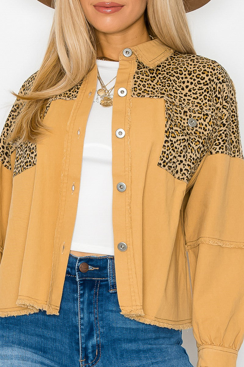 Leopard Contrast  Denim Jacket with Raw edge